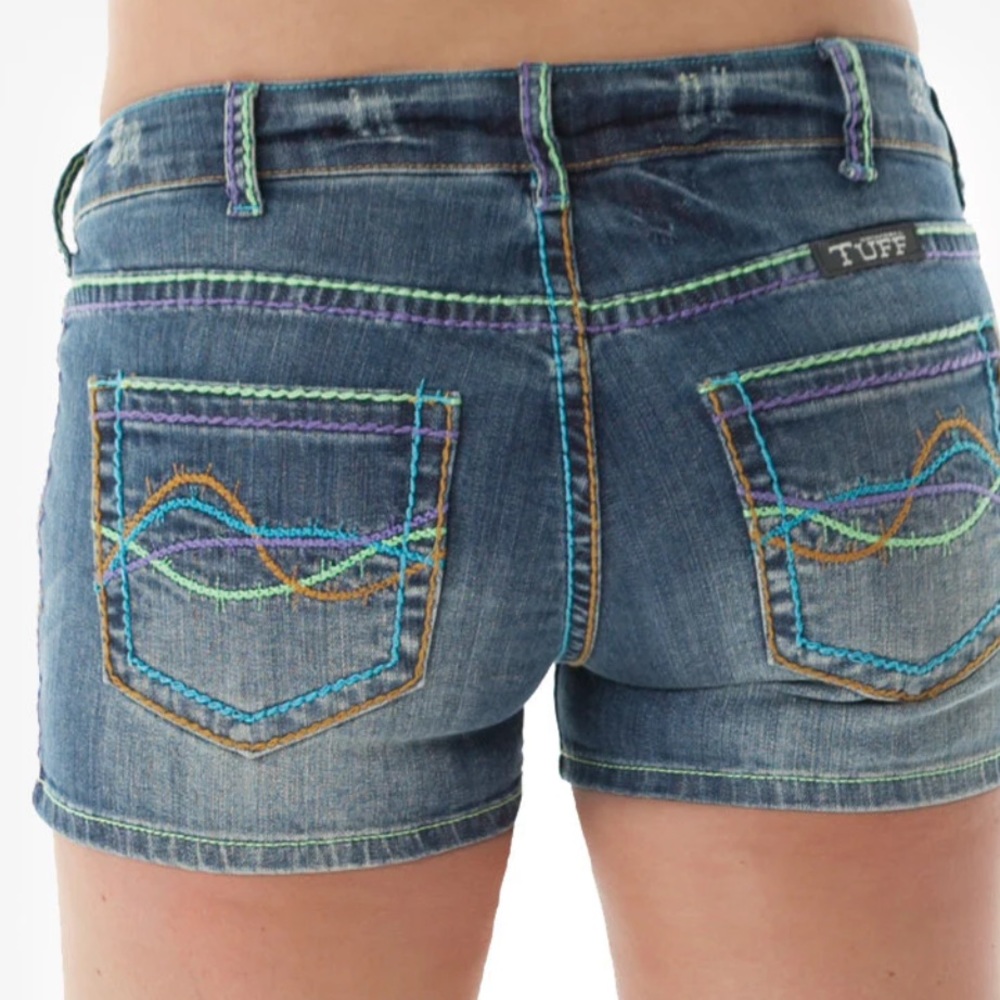 Cowgirl Tuff Co. Sz. 24 Happy Shorts Colorful Stitch Blue Denim